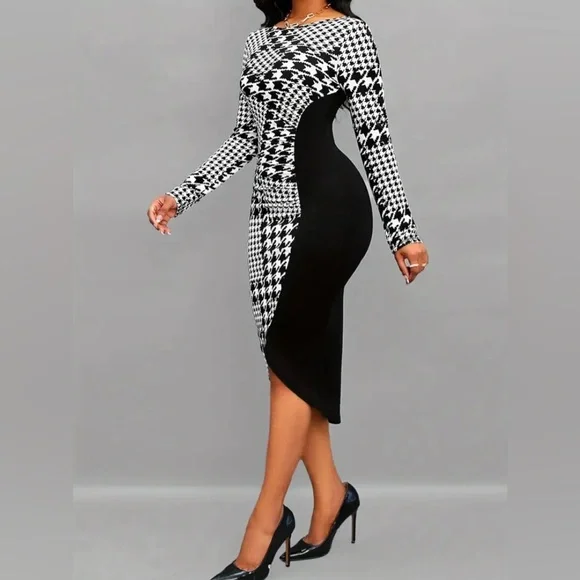 New Houndstooth Print Long Sleeve Bodycon Asymmetrical Colorblock Midi Dress NWT - Picture 3 of 16